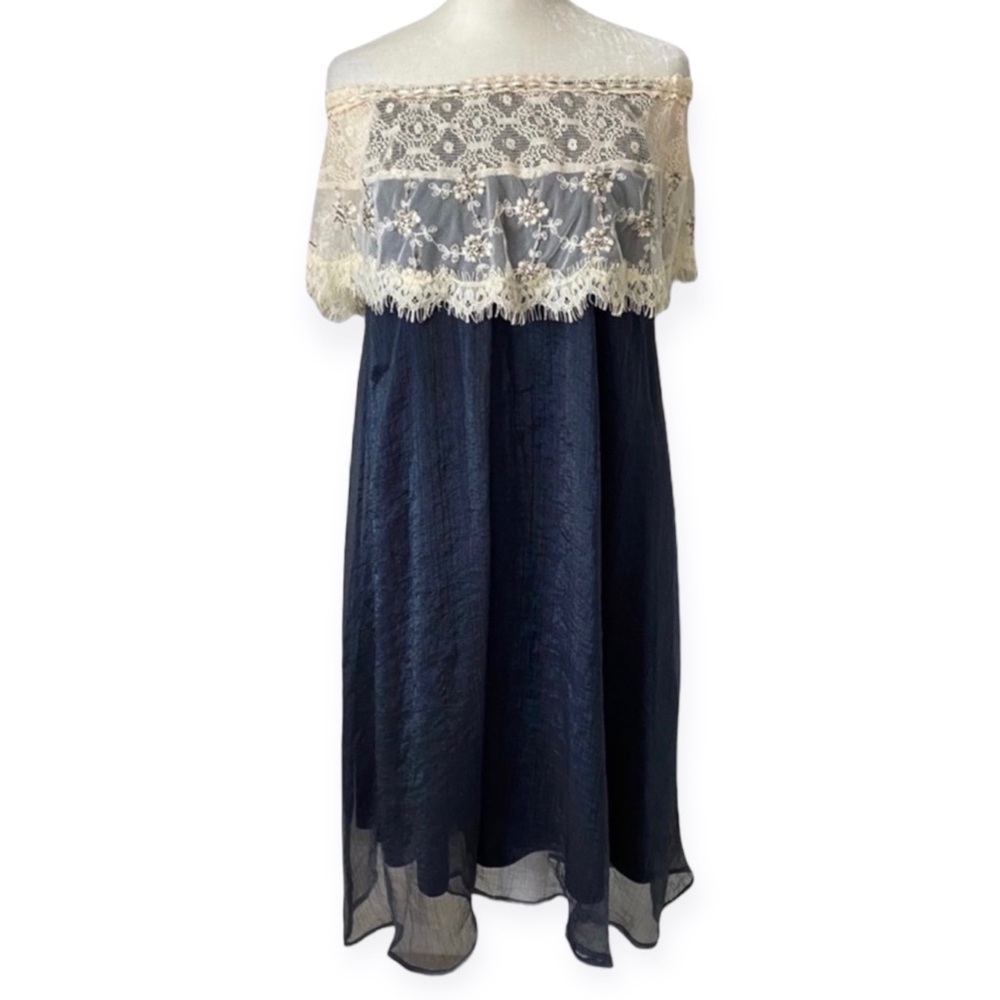 Altar’d State Boho Lace Trim Shift Dress size women's small - navy blue & white